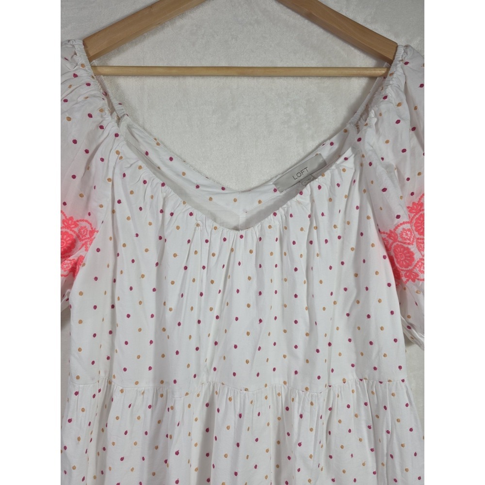LOFT White Polka Dot Puff Sleeve Dress Neon Embroidered Trim Size M NWT - Picture 5 of 11